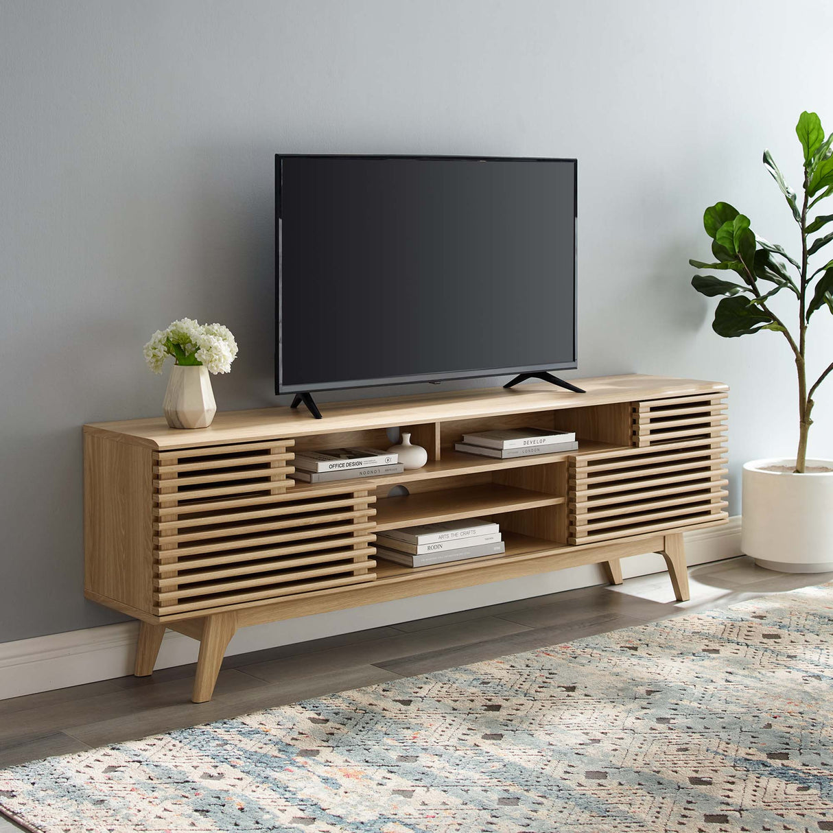 Render 71" Media Console TV Stand - Mid-Century Modern & Slatted Sliding Doors