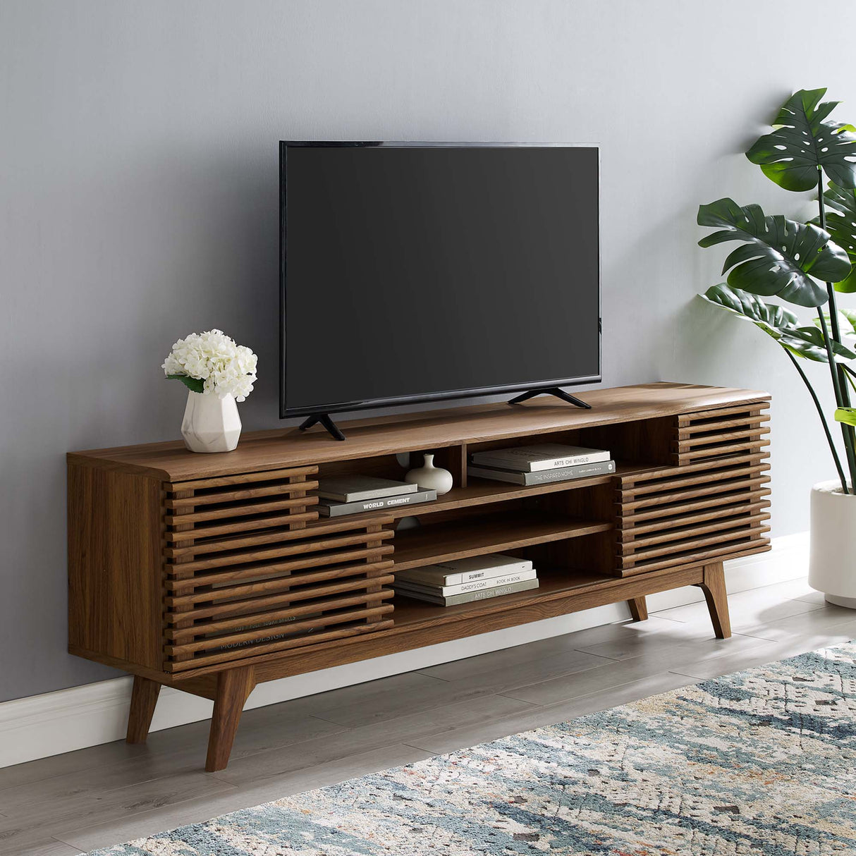 Render 71" Media Console TV Stand - Mid-Century Modern & Slatted Sliding Doors