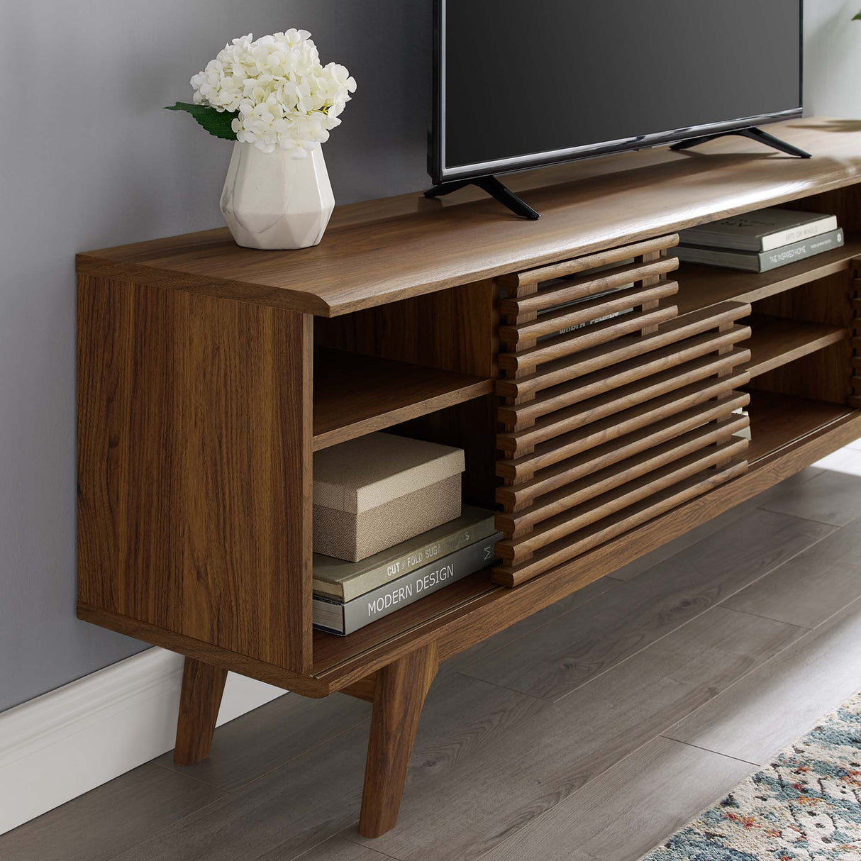 Render 71" Media Console TV Stand - Mid-Century Modern & Slatted Sliding Doors