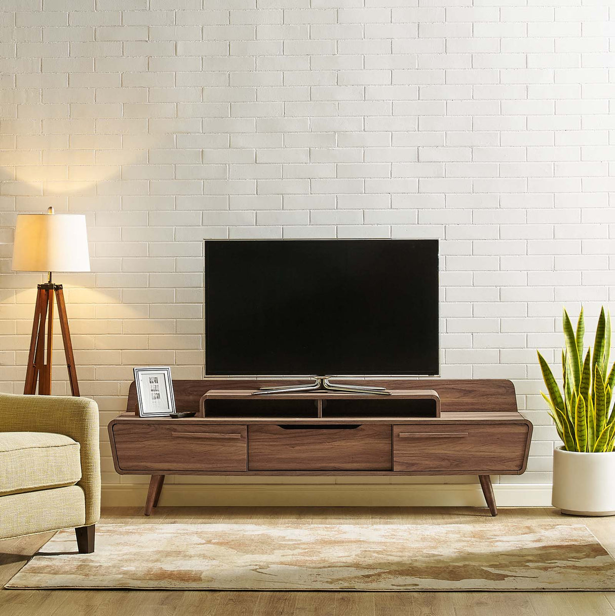 Omnistand 74 Inch Entertainment Center TV Stand - Mid-Century Modern & Walnut Grain