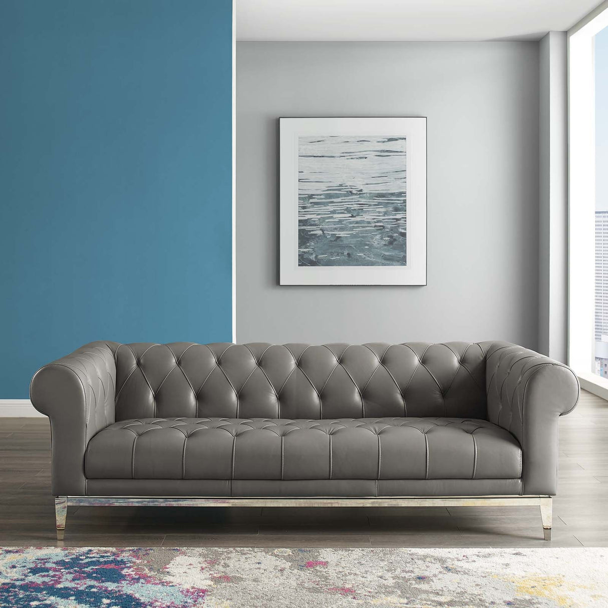 Idyll Tufted Button Upholstered Leather Chesterfield Sofa - Vintage Glam & Large Living Room Seating