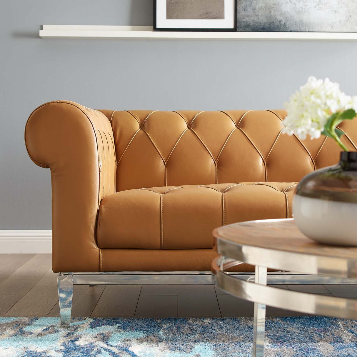 Idyll Tufted Button Upholstered Leather Chesterfield Sofa - Vintage Glam & Large Living Room Seating