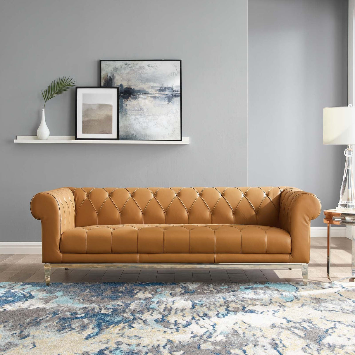 Idyll Tufted Button Upholstered Leather Chesterfield Sofa - Vintage Glam & Large Living Room Seating