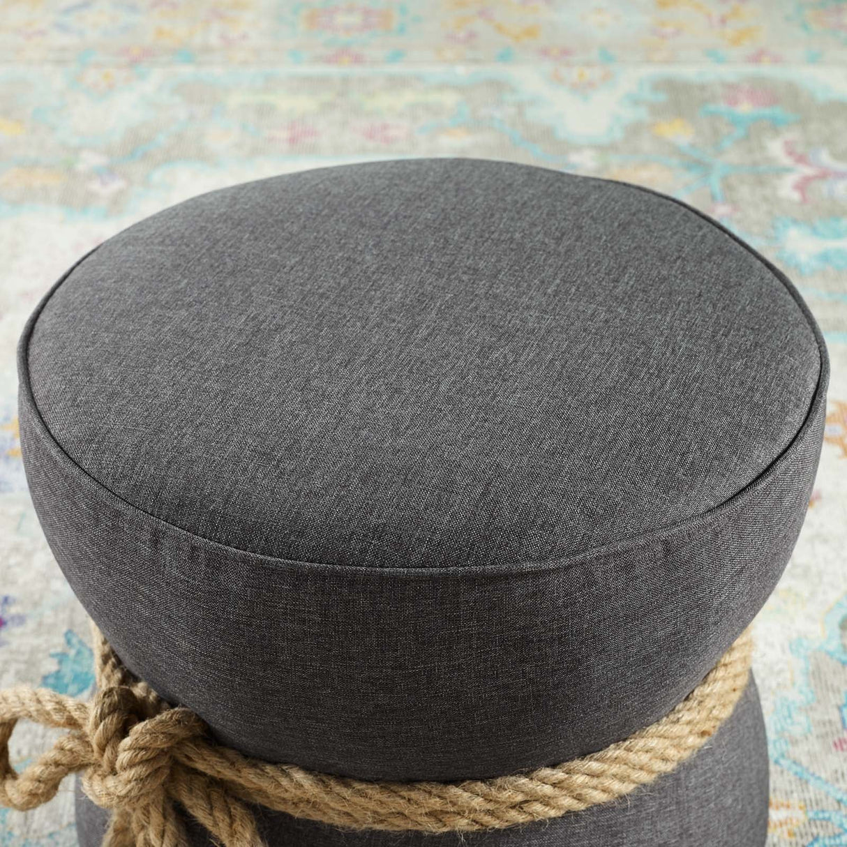 Beat Nautical Rope Upholstered Fabric Ottoman - Coastal Modern & Versatile Footstool