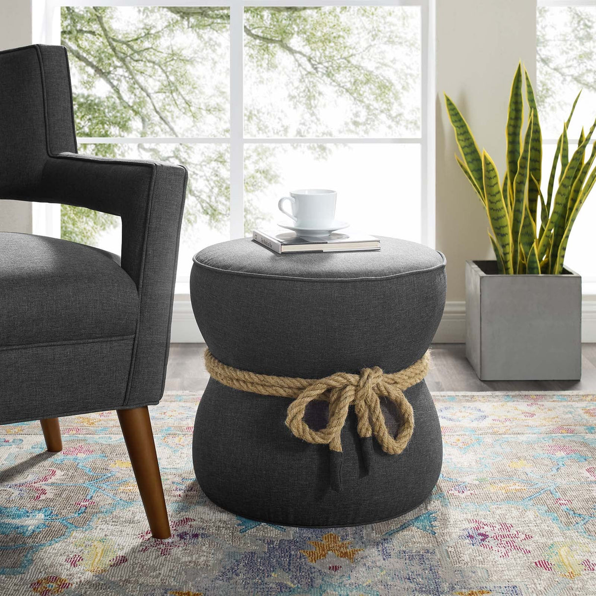 Beat Nautical Rope Upholstered Fabric Ottoman - Coastal Modern & Versatile Footstool