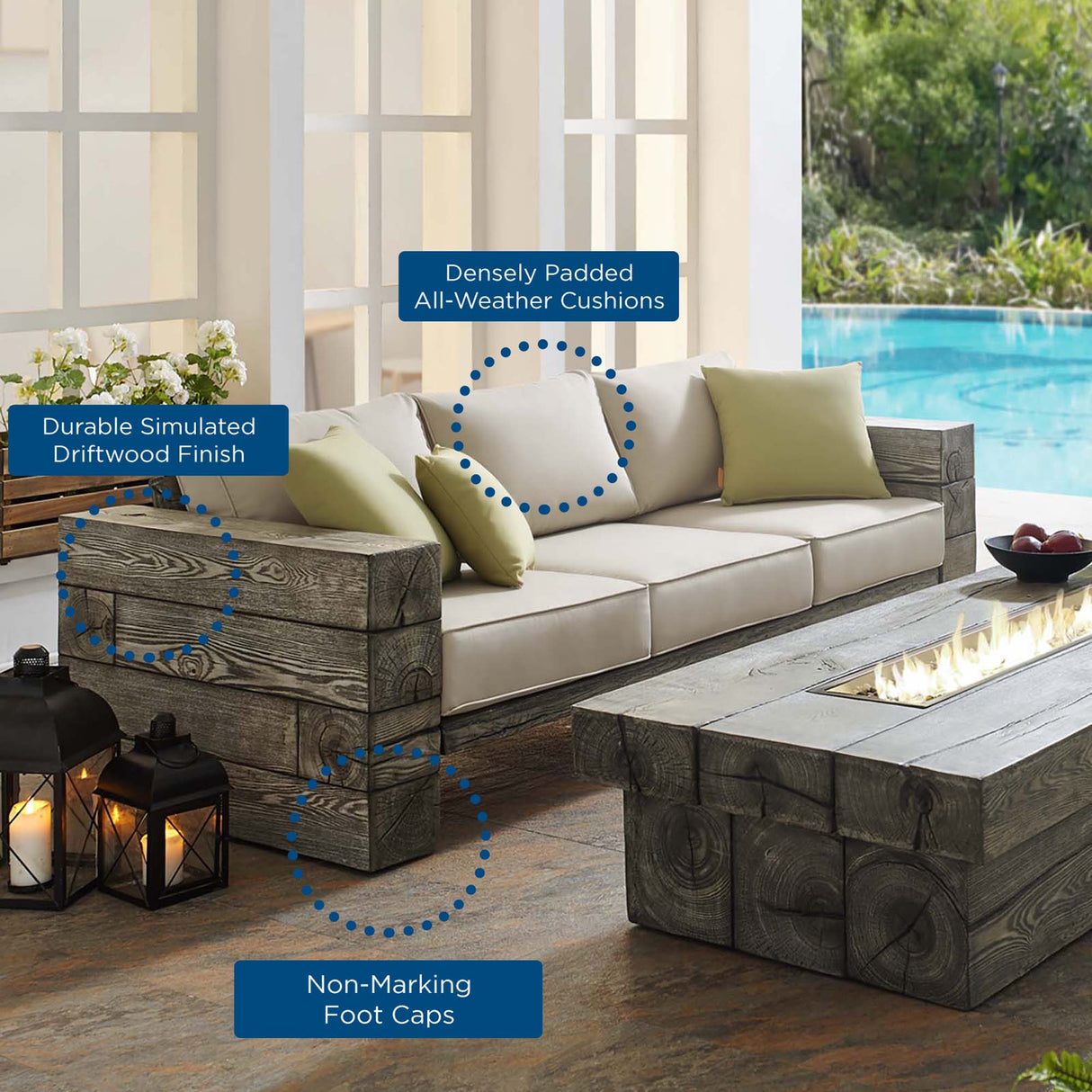 Manteo Rustic Coastal Outdoor Patio Sunbrella® Sofa - Driftwood Finish & Weather-Resistant Seating