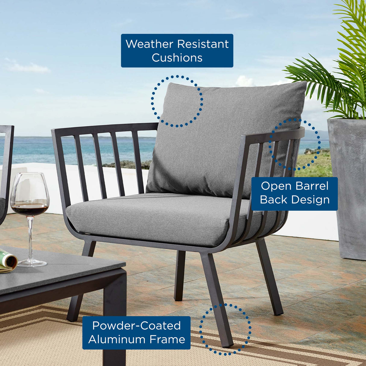 Riverside Outdoor Patio Aluminum Armchair - Coastal Modern & All-Weather Poolside Seating