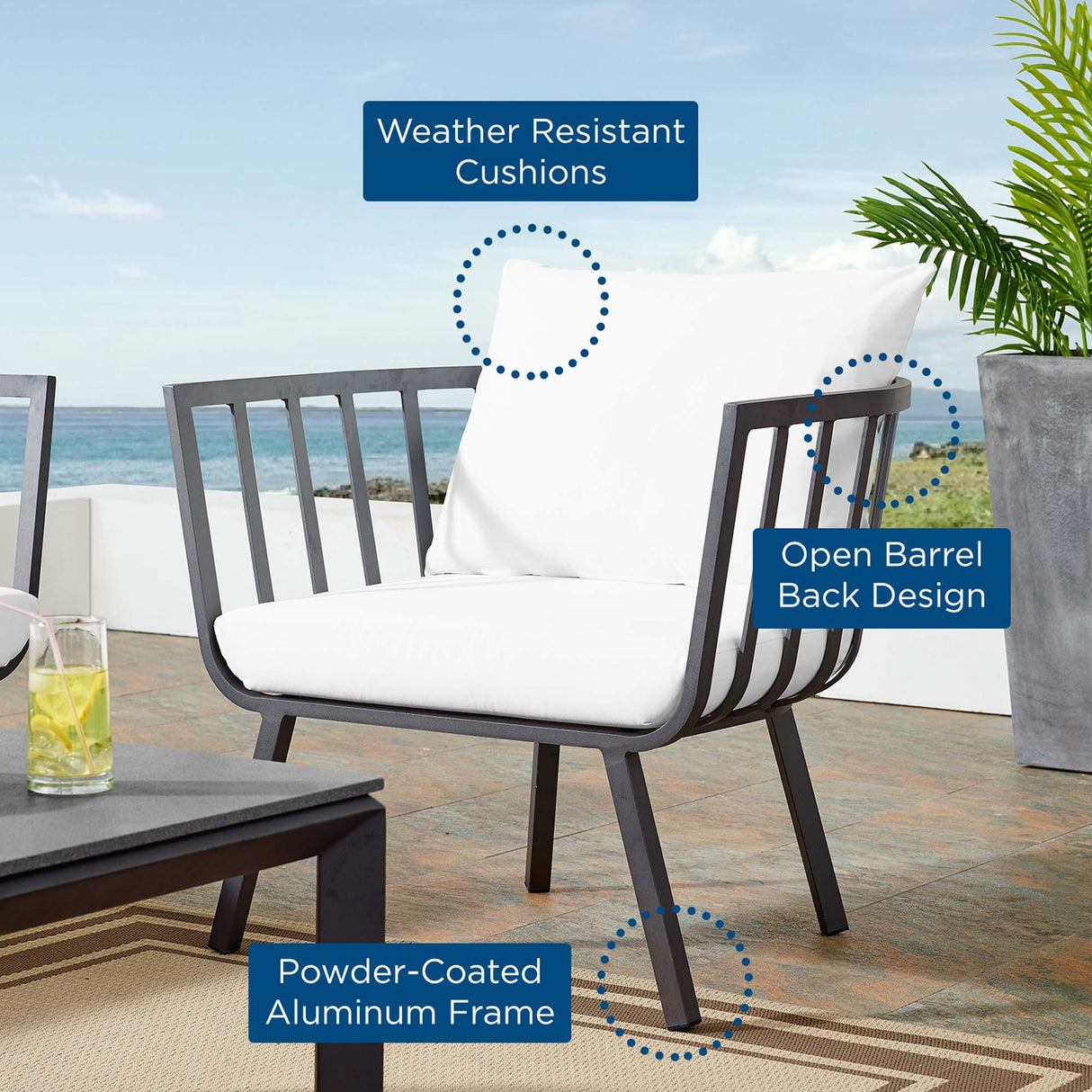 Riverside Outdoor Patio Aluminum Armchair - Coastal Modern & All-Weather Poolside Seating
