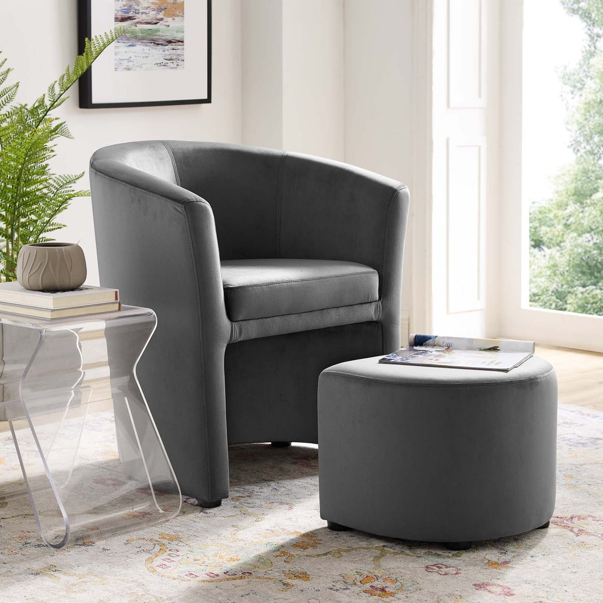 Divulge Performance Velvet Arm Chair and Ottoman Set - Mid-Century Modern & Space-Saving Seating