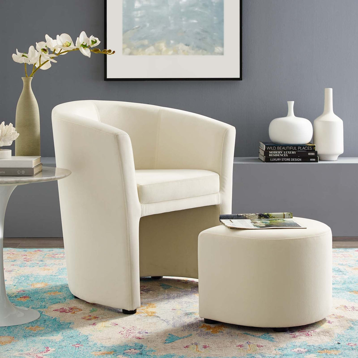 Divulge Performance Velvet Arm Chair and Ottoman Set - Mid-Century Modern & Space-Saving Seating