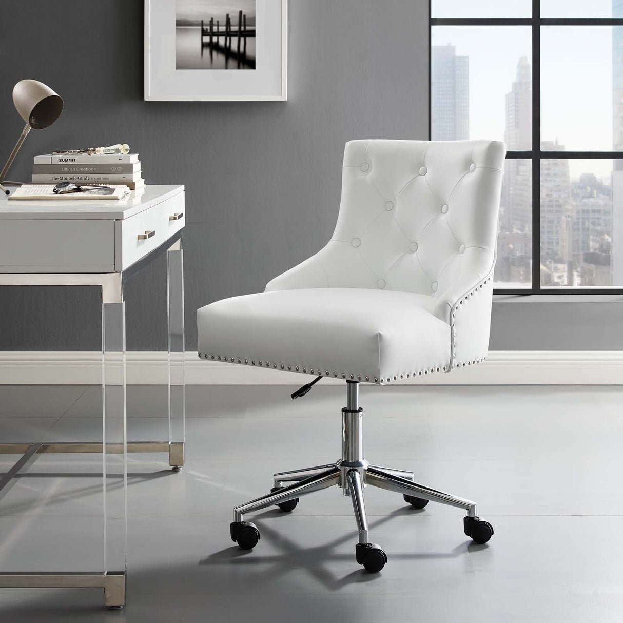 Regent Tufted Button Swivel Faux Leather Office Chair - French Vintage & Height-Adjustable Executive Seating