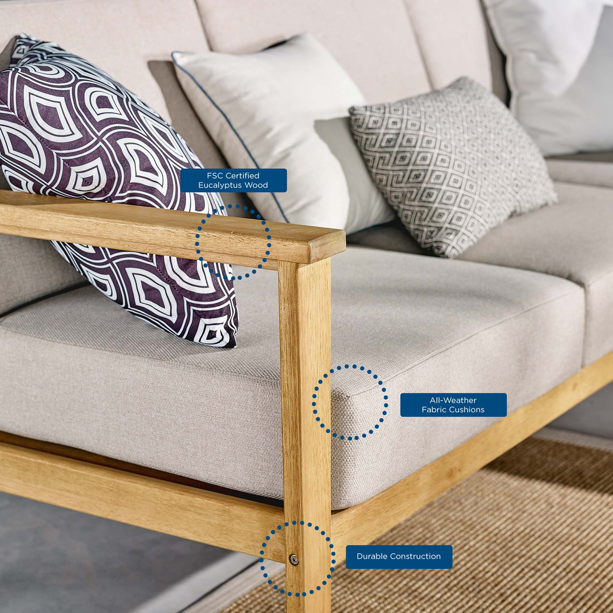 Sedona Outdoor Patio Eucalyptus Wood Sectional Sofa Corner Chair - Modern Coastal & Weather-Resistant