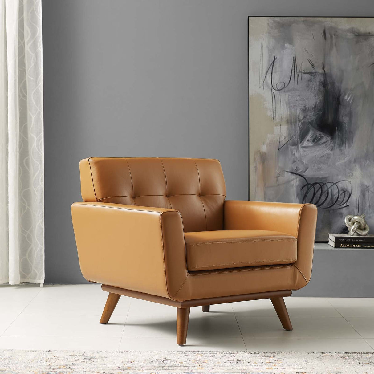 Engage Top-Grain Leather Living Room Lounge Accent Armchair - Mid-Century Modern & Top-Grain Leather