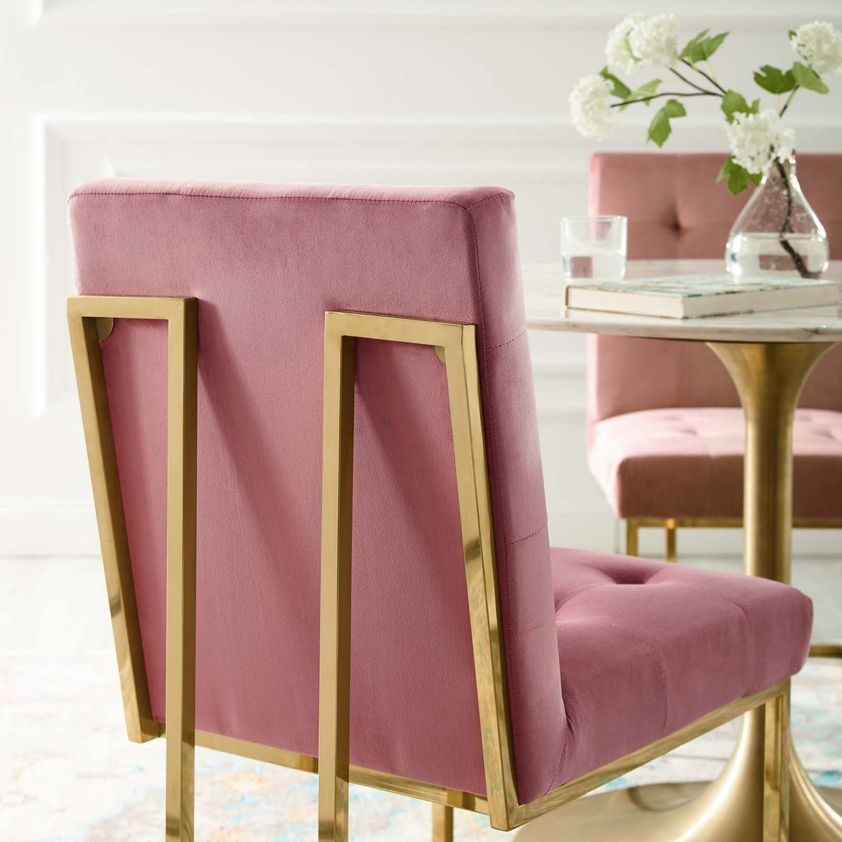 Privy Gold Stainless Steel Performance Velvet Dining Chair - Glam Deco & Stain-Resistant