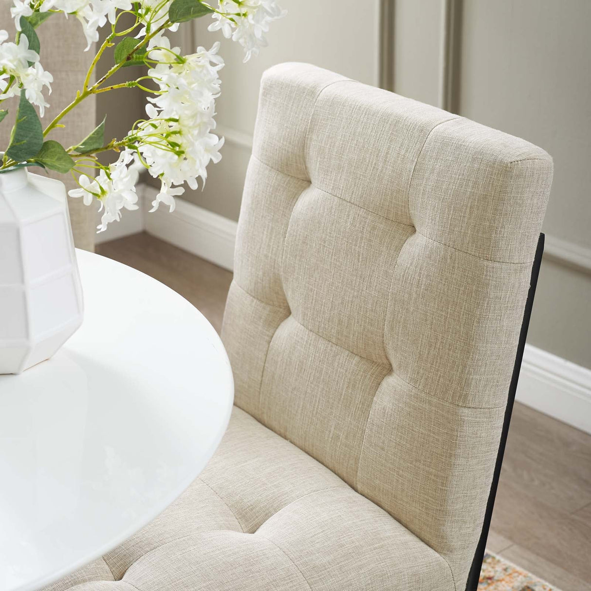 Privy Black Stainless Steel Upholstered Fabric Dining Chair - Glam Deco & Modern Kitchen Seating