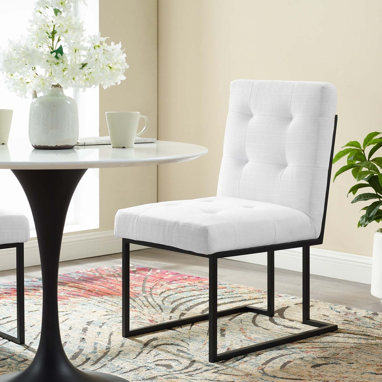 Privy Black Stainless Steel Upholstered Fabric Dining Chair - Glam Deco & Modern Kitchen Seating