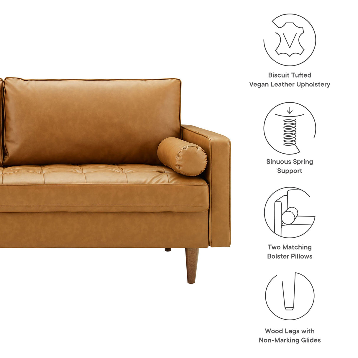 Valour Upholstered Faux Leather Sofa - Mid-Century Modern & Small Space Friendly