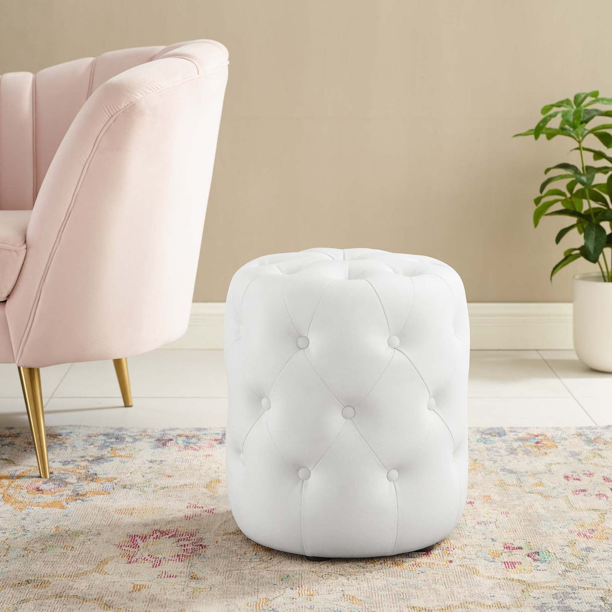 Amour Tufted Button Round Faux Leather Ottoman - Glam Deco & Versatile Footstool