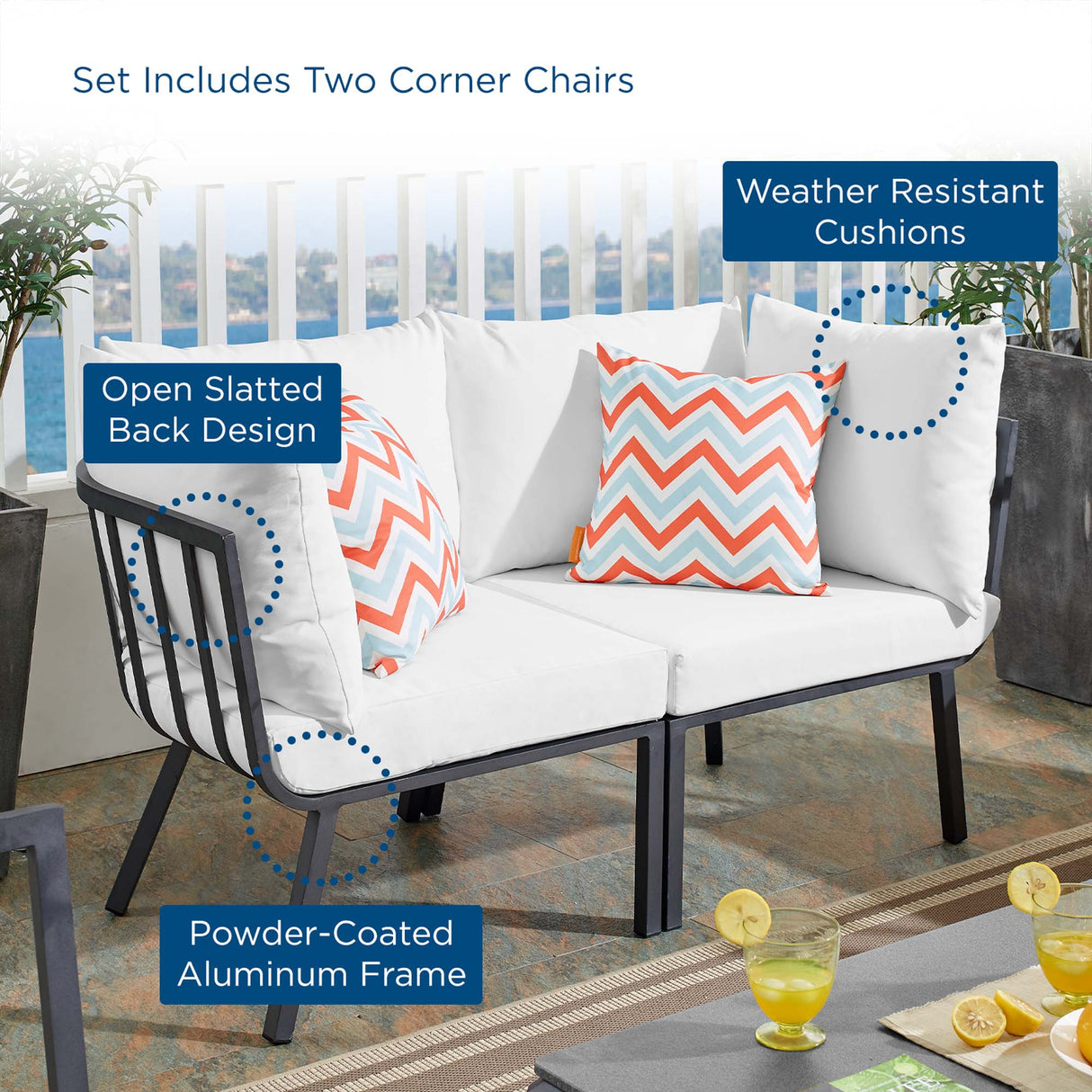Riverside 2 Piece Outdoor Patio Aluminum Sectional Sofa Set - Coastal Modern & Weather-Resistant
