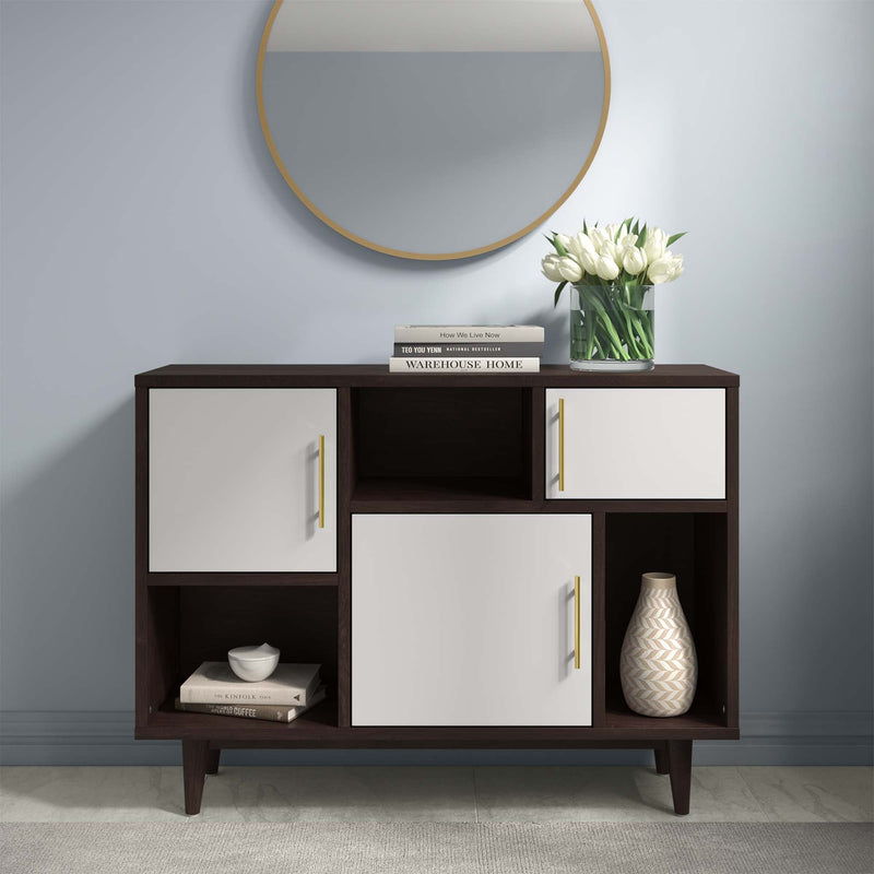 Daxton Display Stand with Six Storage Areas & Gold Hardware - Mid-Century Modern in Cappuccino & White