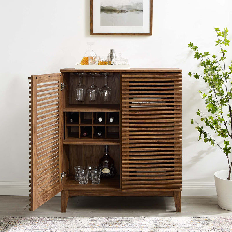 Render Bar Cabinet with Wine & Glass Racks and Soft-Close Drawers - Mid-Century Modern Walnut Finish