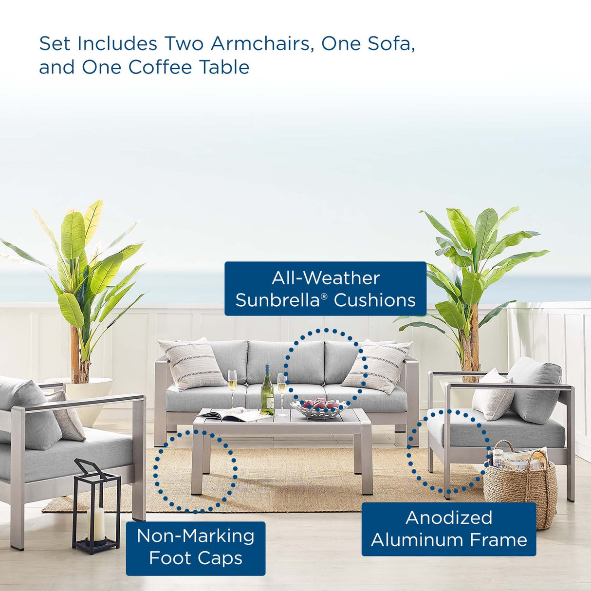 Shore Sunbrella® Fabric Outdoor Patio Aluminum 4 Piece Set