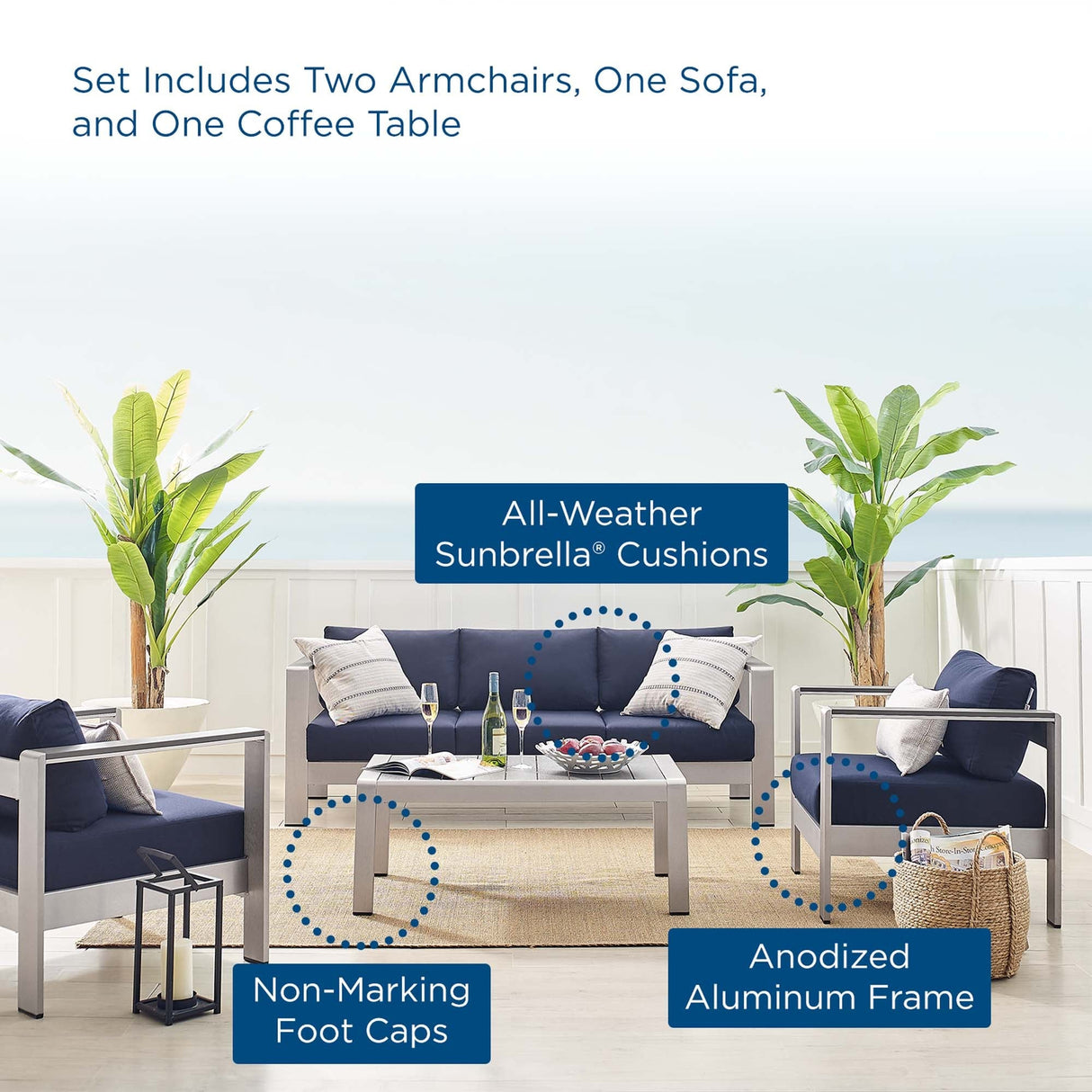 Shore Sunbrella® Fabric Outdoor Patio Aluminum 4 Piece Set