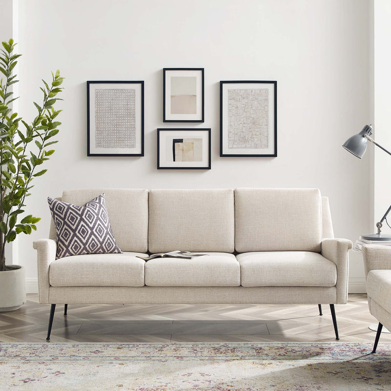Chesapeake Fabric Sofa with Flared Silhouette & Matte Black Metal Legs - Retro Modern Tailored Sofa