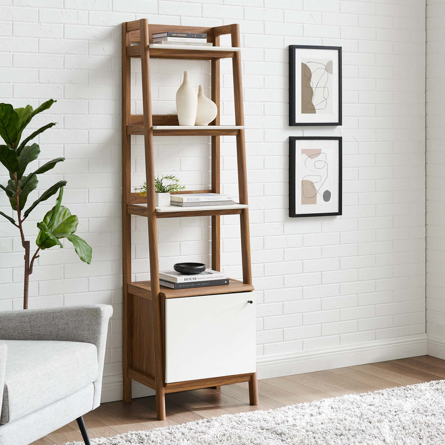 Bixby Tiered Bookshelf with Concealed Bottom Storage - Modern Walnut & White Display Stand