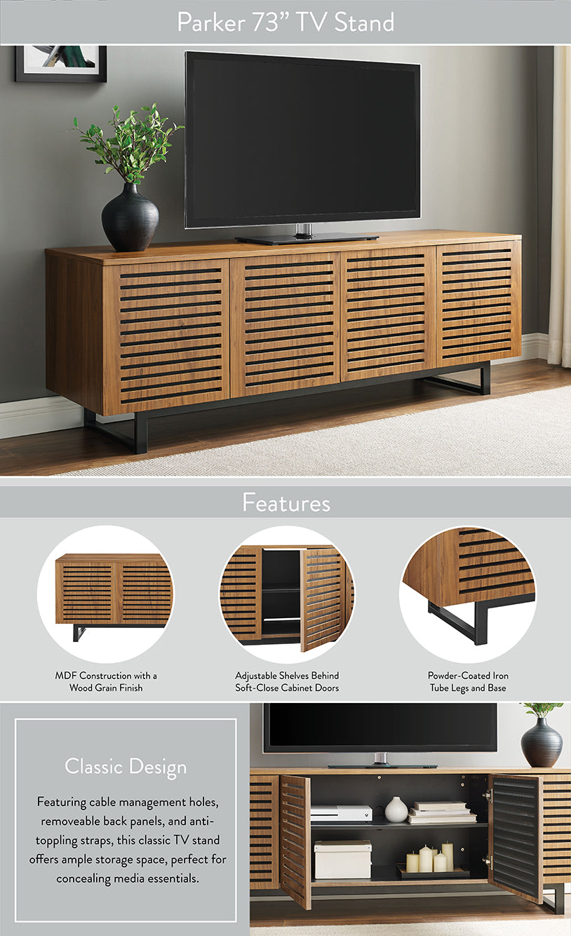 Parker TV Stand with Adjustable Shelves & Iron Tube Legs - Modern Organic Walnut Veneer Media Console dimensions