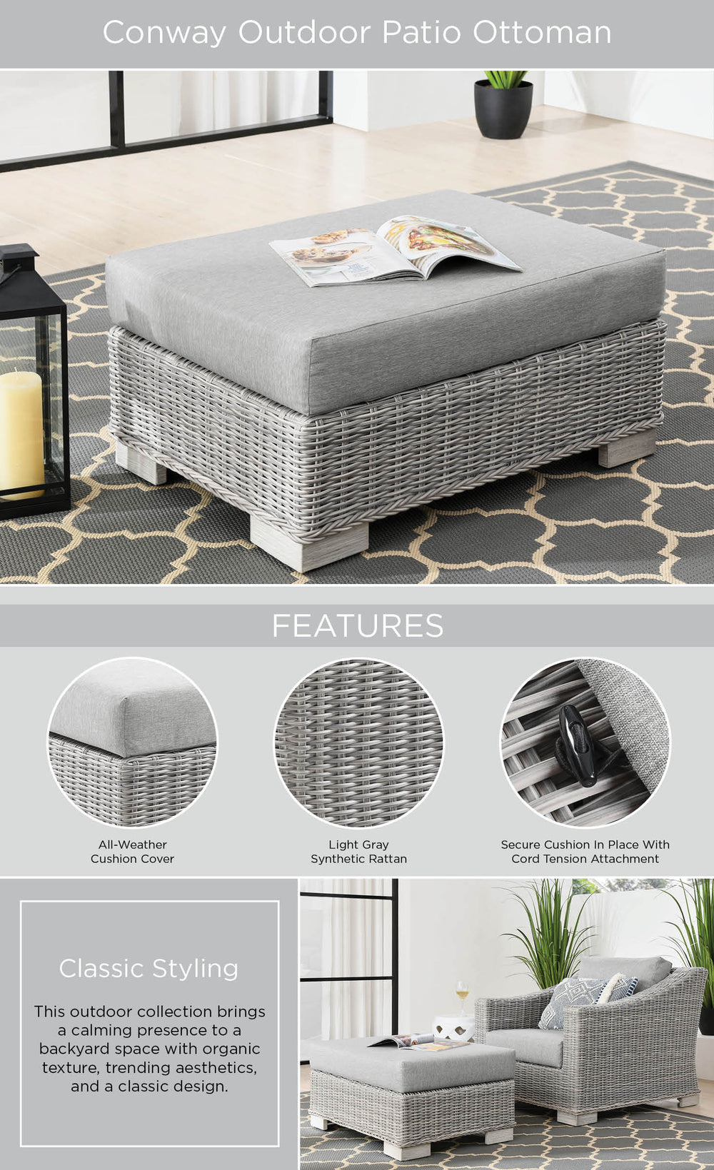 Conway Outdoor Patio Wicker Rattan Ottoman dimensions