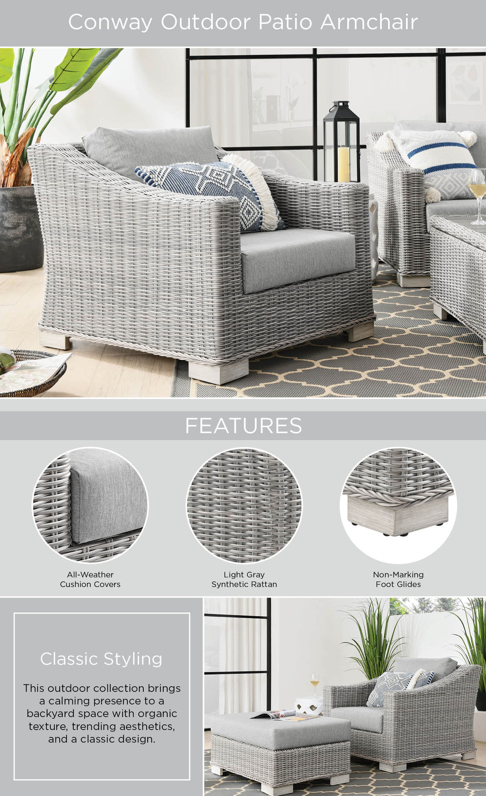 Conway Outdoor Patio Wicker Rattan Armchair dimensions