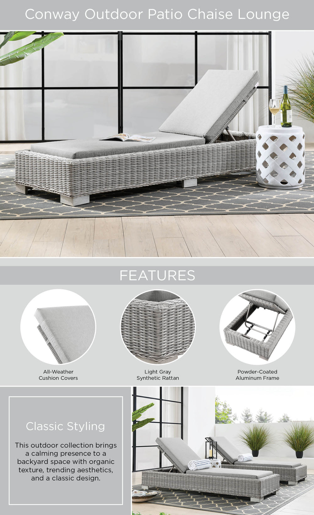 Conway Outdoor Patio Wicker Rattan Chaise Lounge dimensions