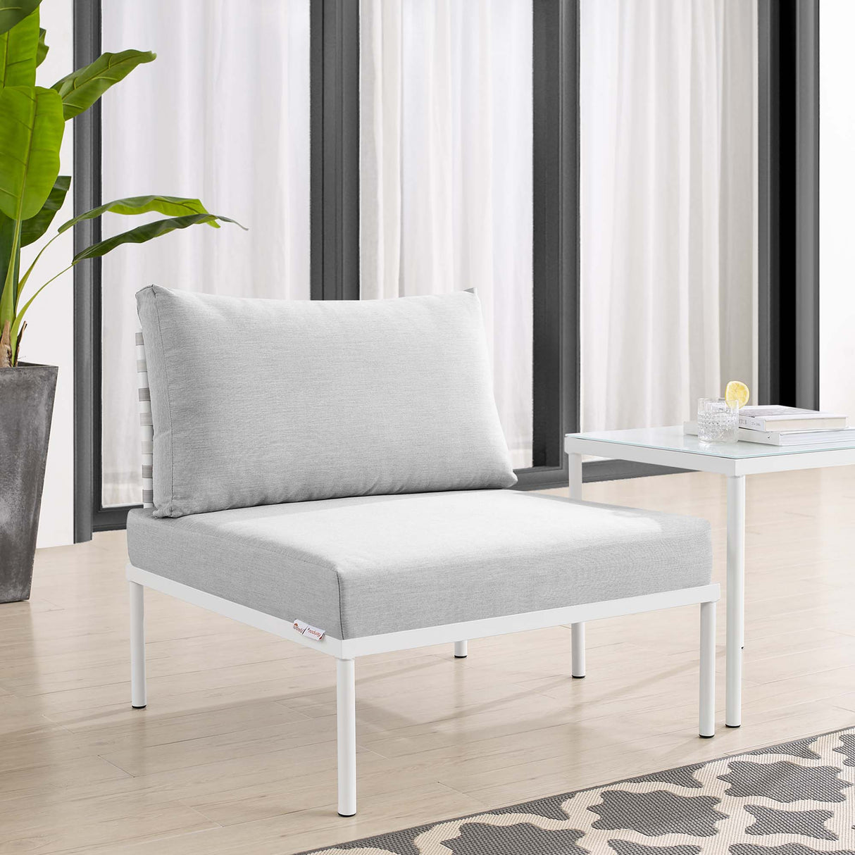 Harmony Sunbrella® Basket Weave Outdoor Patio Aluminum Armless Chair (Modern Coastal & Weather-Resistant Performance)