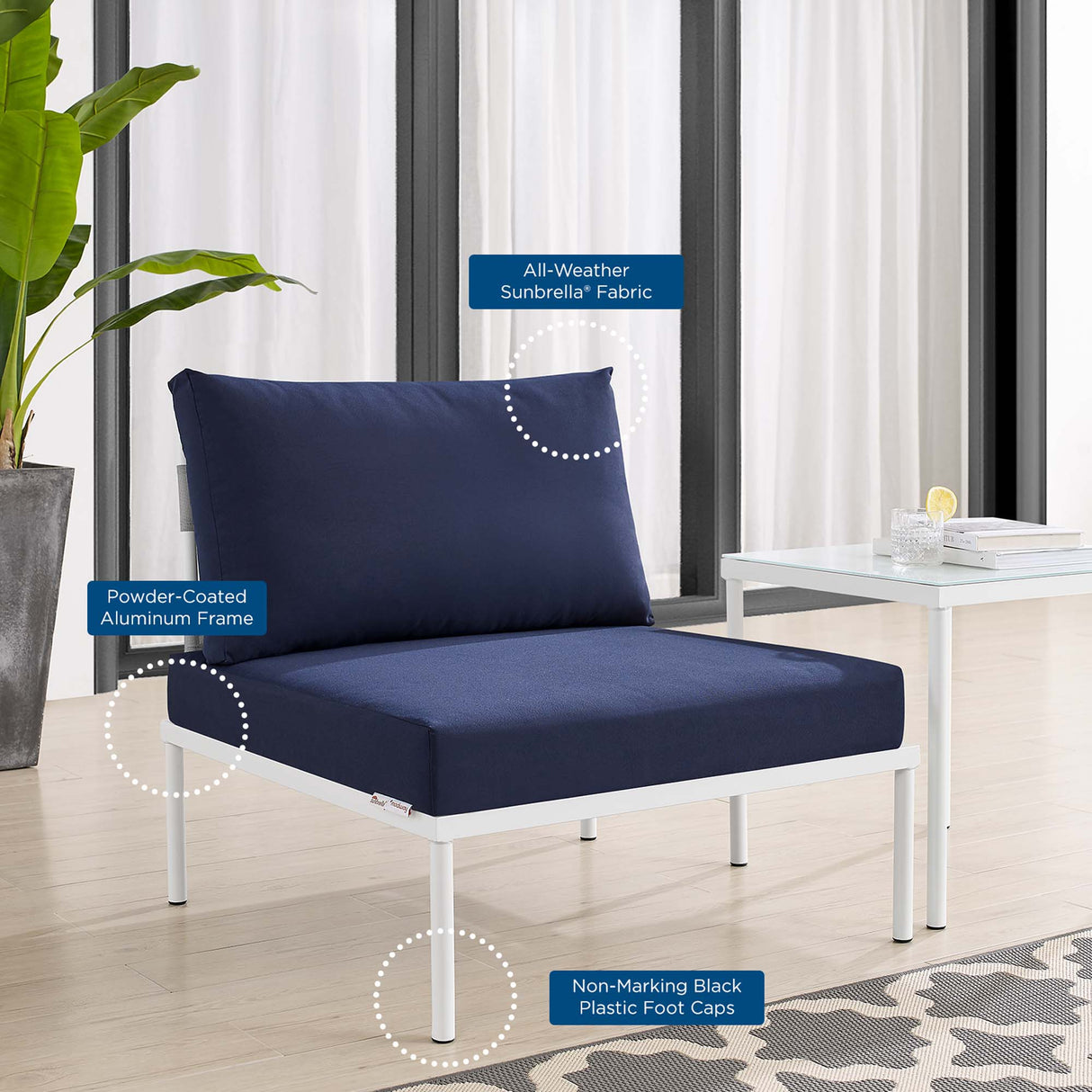 Harmony Sunbrella® Outdoor Patio Aluminum Armless Chair (Modern Minimalist & Weather-Resistant)