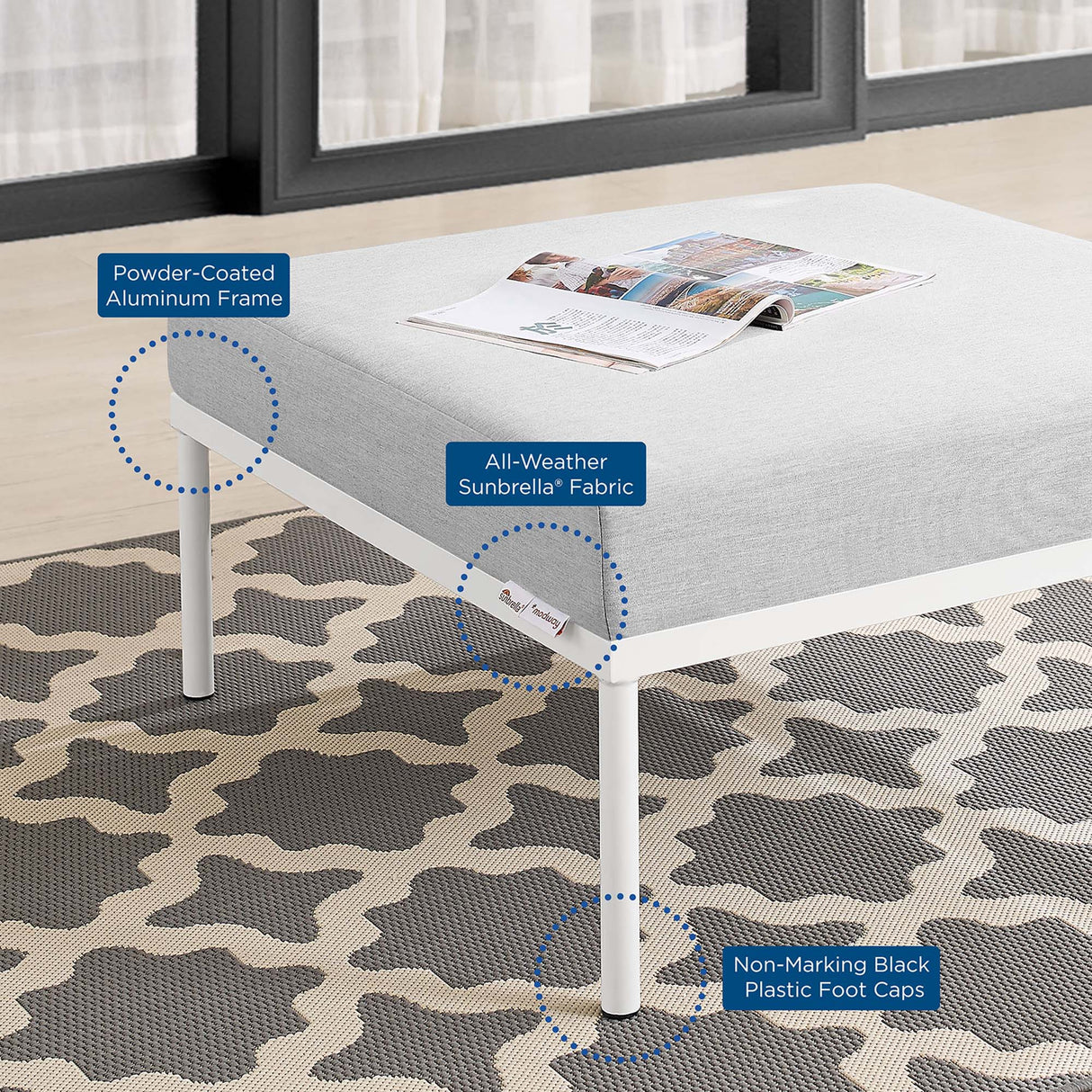 Harmony Sunbrella Outdoor Patio Aluminum Ottoman - Modern Minimalist & Weather-Resistant