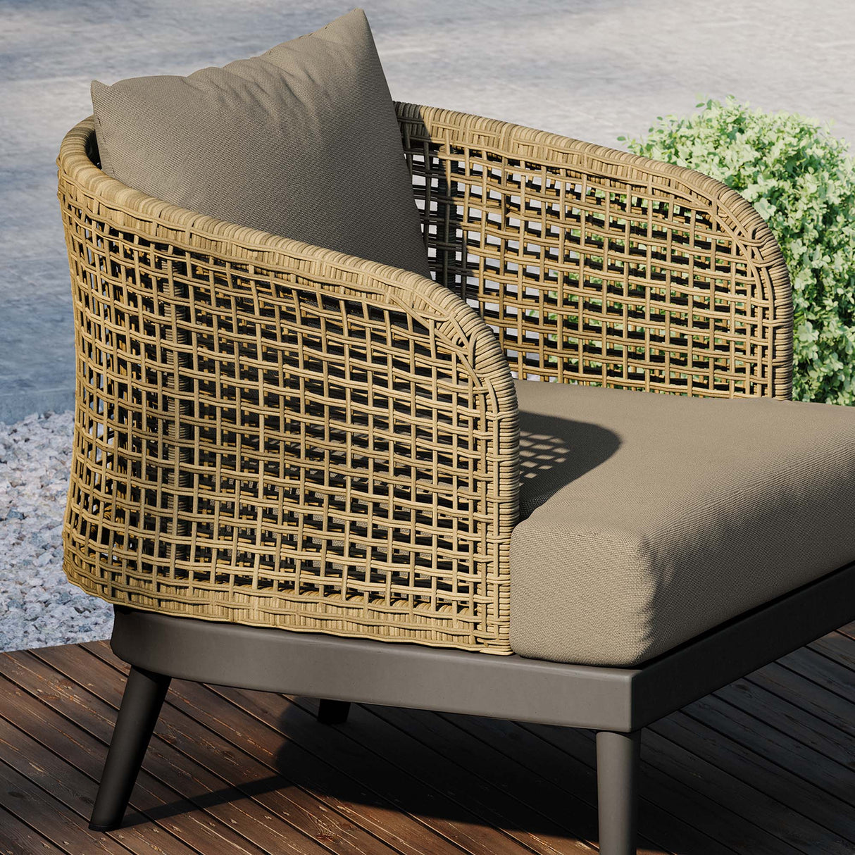 Meadow Rattan Wicker Outdoor Armchair with Plush Cushions - Modern Coastal & Weather-Resistant Seating