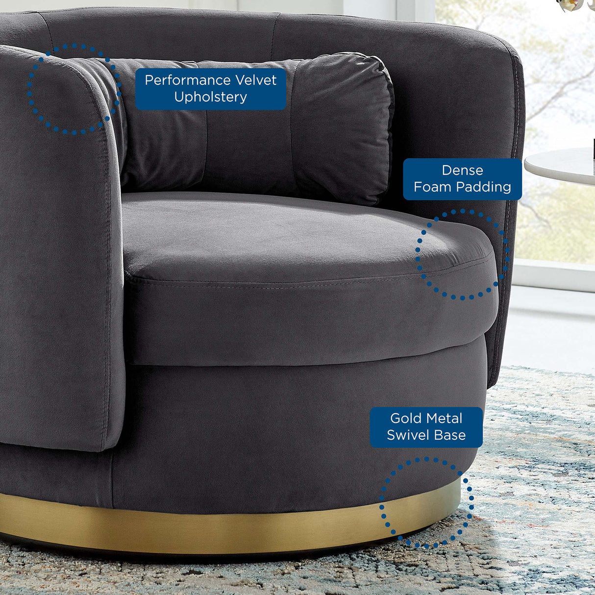 Relish Performance Velvet Swivel Chair - Glam Deco & Ergonomic Lounge Seating