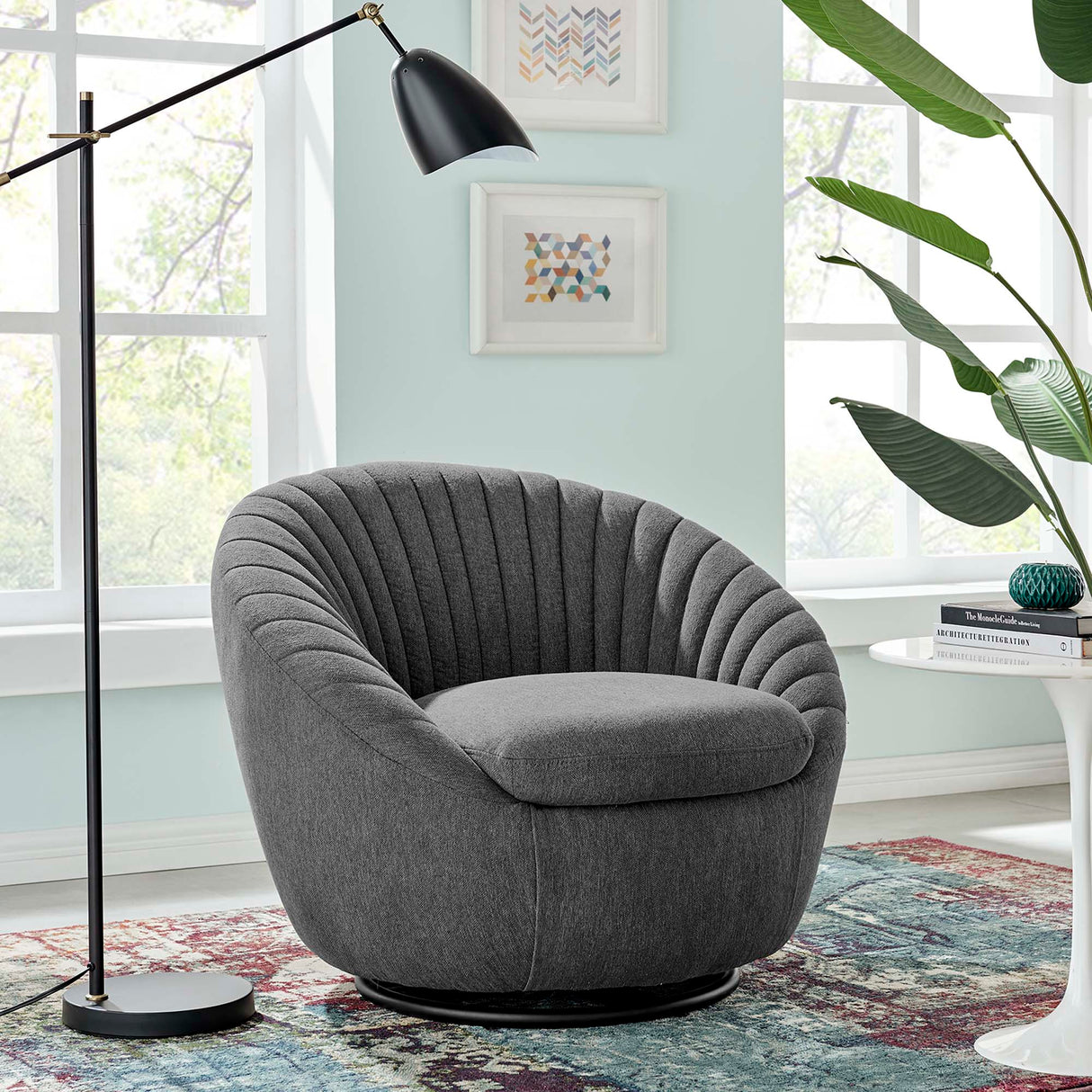 Whirr Tufted Fabric Swivel Chair - Mid-Century Modern & 360-Degree Rotation
