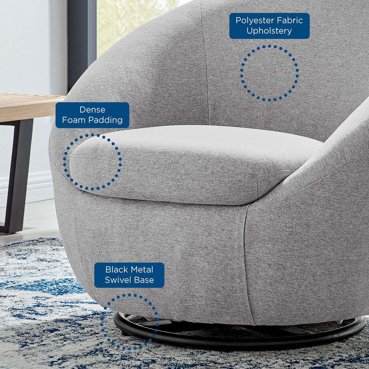 Buttercup Upholstered Fabric Swivel Chair - Mid-Century Modern & 360-Degree Movement