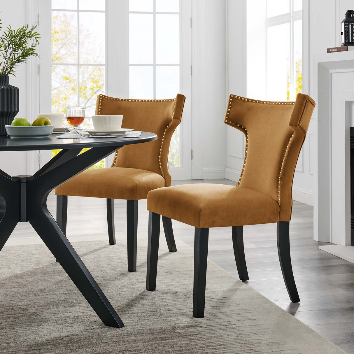Curve Performance Velvet Dining Chairs - Set of 2 - Mid-Century Modern & Stain-Resistant