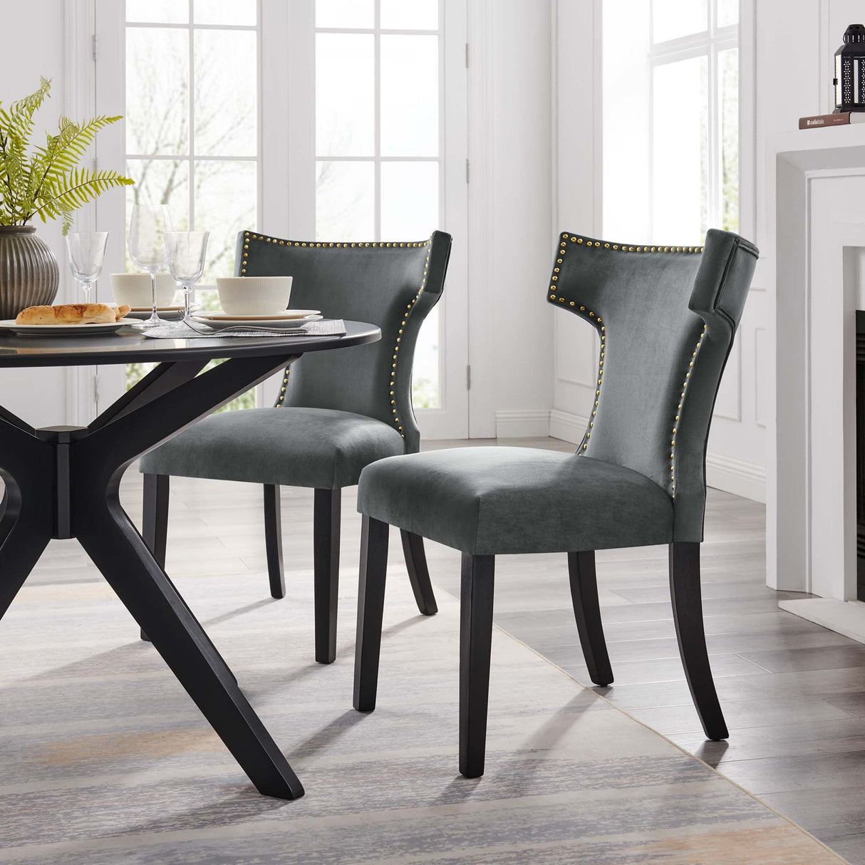 Curve Performance Velvet Dining Chairs - Set of 2 - Mid-Century Modern & Stain-Resistant