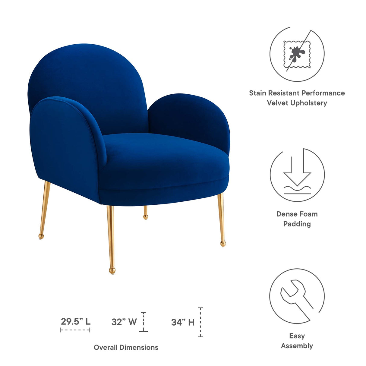 Transcend Performance Velvet Armchair - Mid-Century Modern & Stain-Resistant