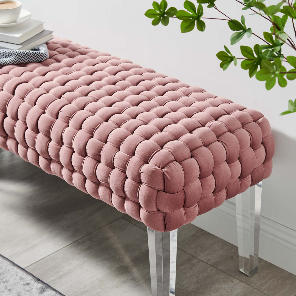 Prologue Woven Performance Velvet Ottoman - Mid-Century Modern & Clear Acrylic Legs