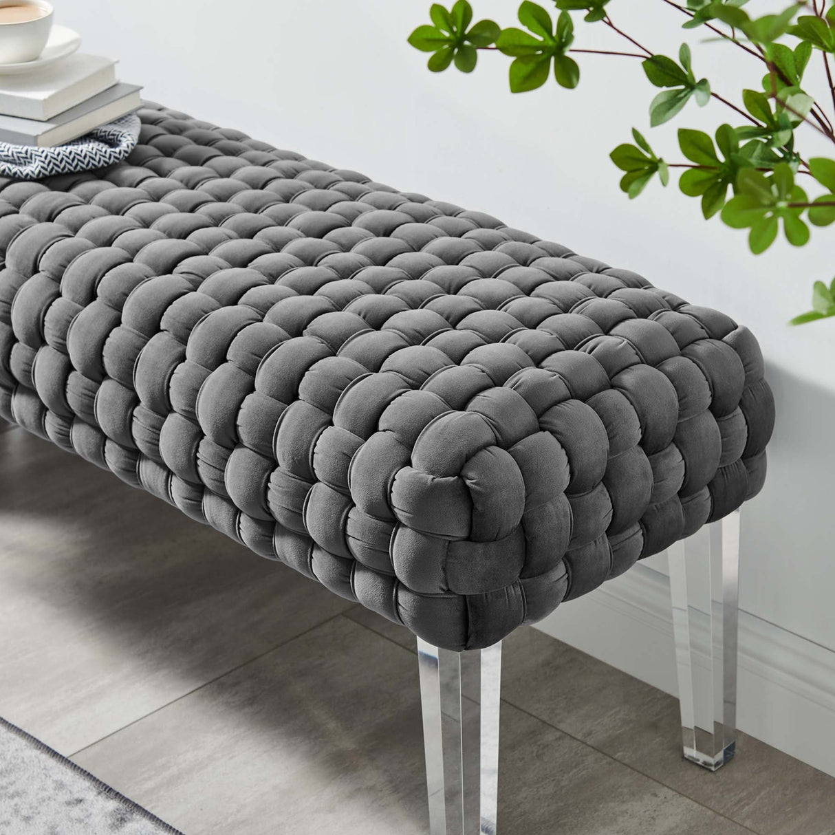 Prologue Woven Performance Velvet Ottoman - Mid-Century Modern & Clear Acrylic Legs