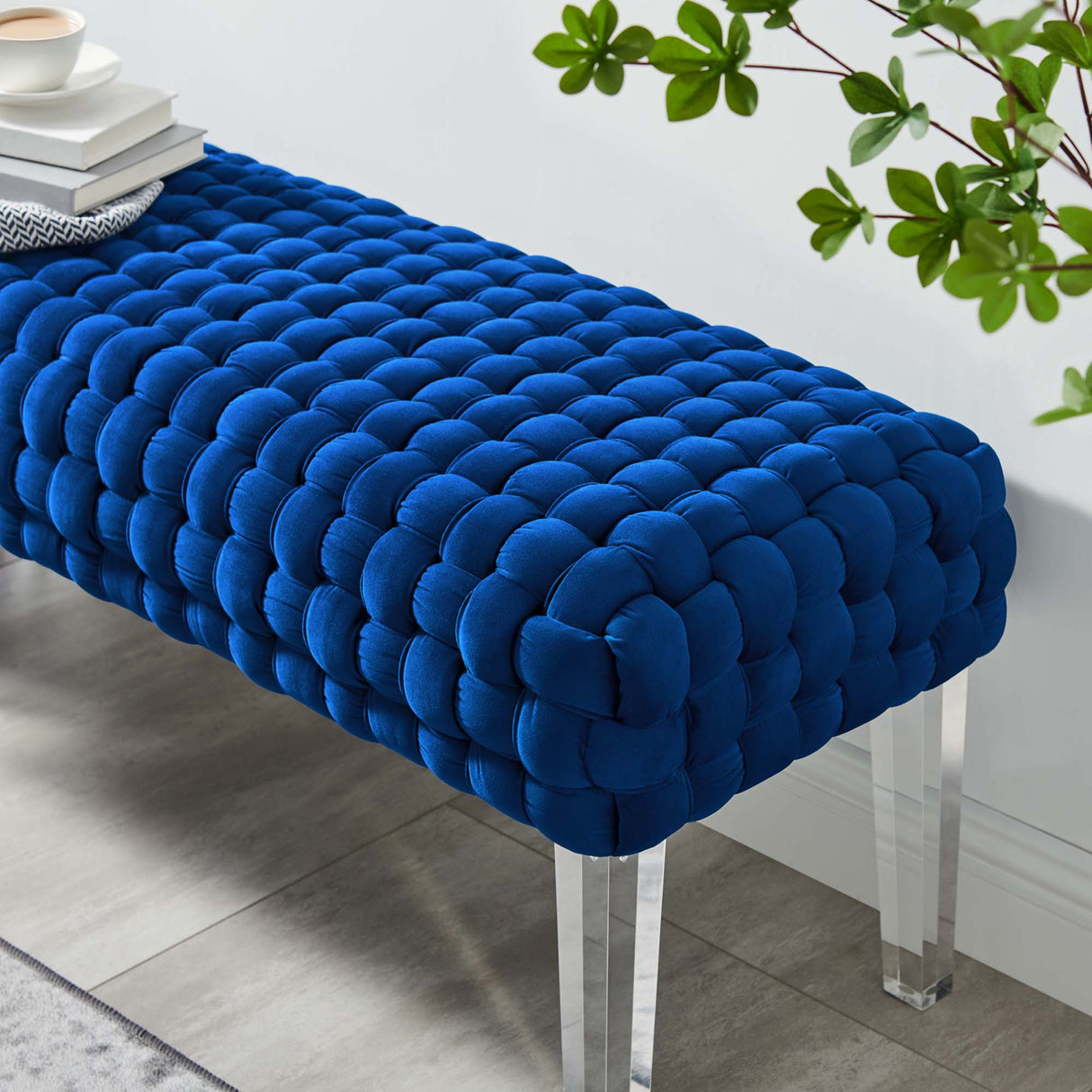 Prologue Woven Performance Velvet Ottoman - Mid-Century Modern & Clear Acrylic Legs
