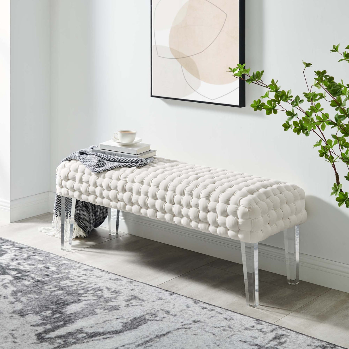 Prologue Woven Performance Velvet Ottoman - Mid-Century Modern & Clear Acrylic Legs
