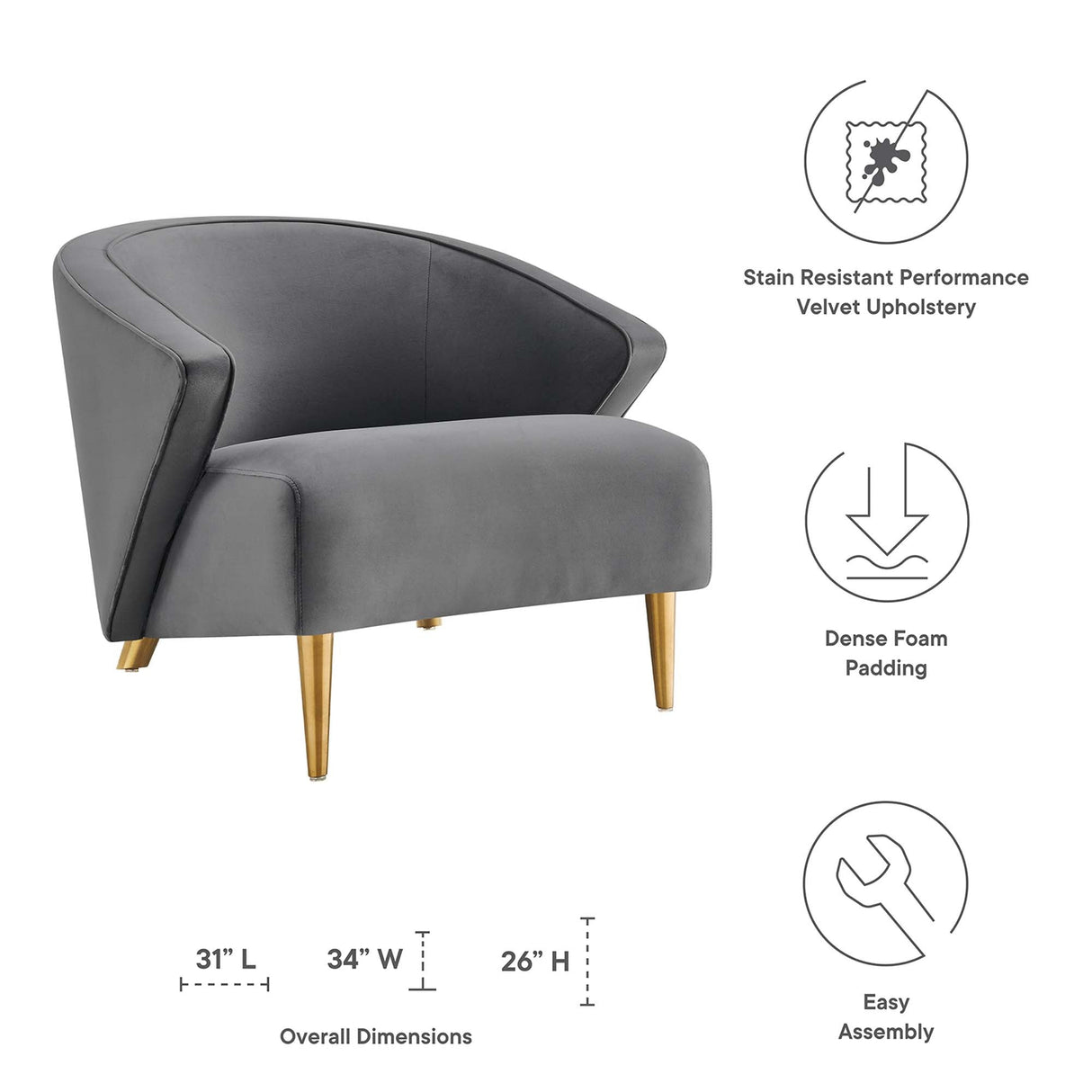 Odyssey Performance Velvet Armchair - Mid-Century Modern & Stain-Resistant