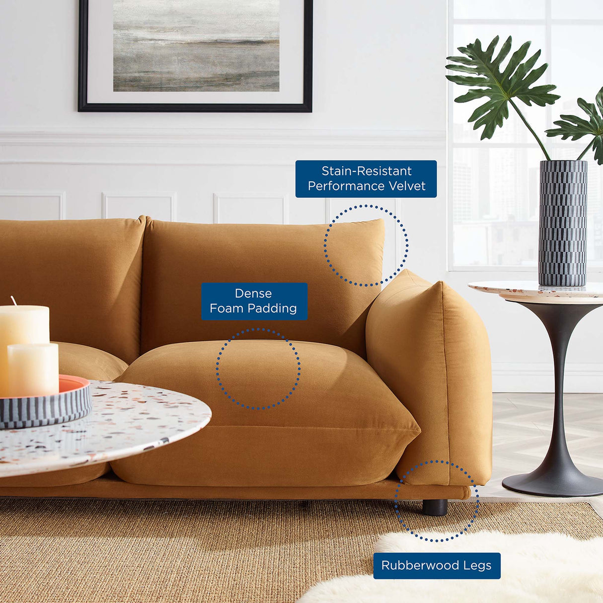 Copious Performance Velvet Sofa - Glam Deco & Overstuffed Comfort