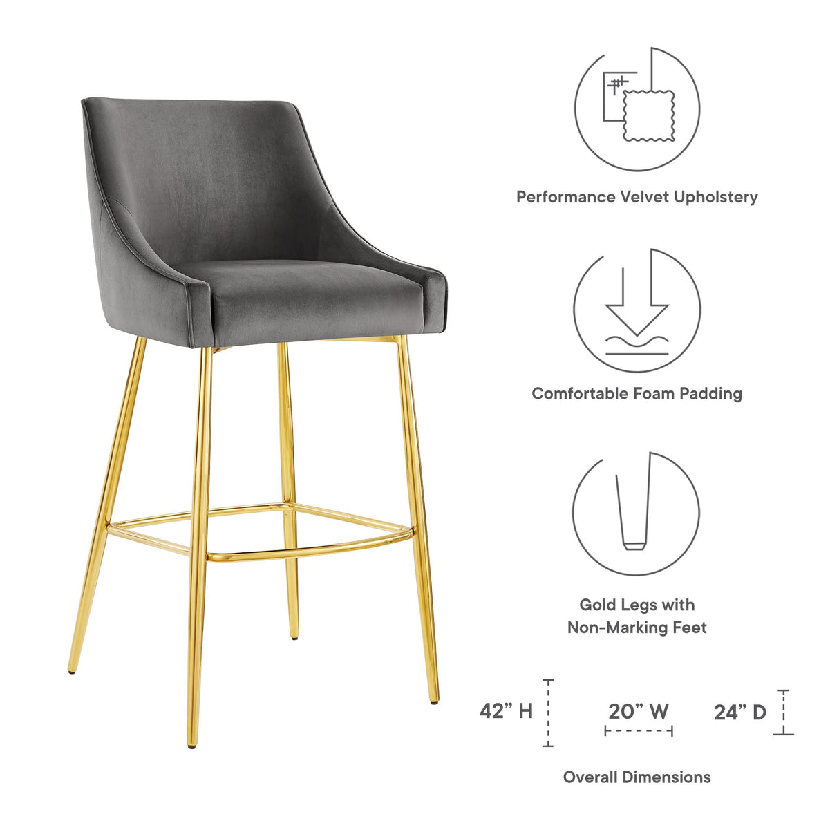 Discern Performance Velvet Bar Stool - Mid-Century Modern & Brushed Gold Accents
